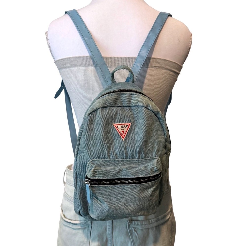 GUESS Denim Mini Backpack Light Wash Logo Patch Vintage 90s Style Indie